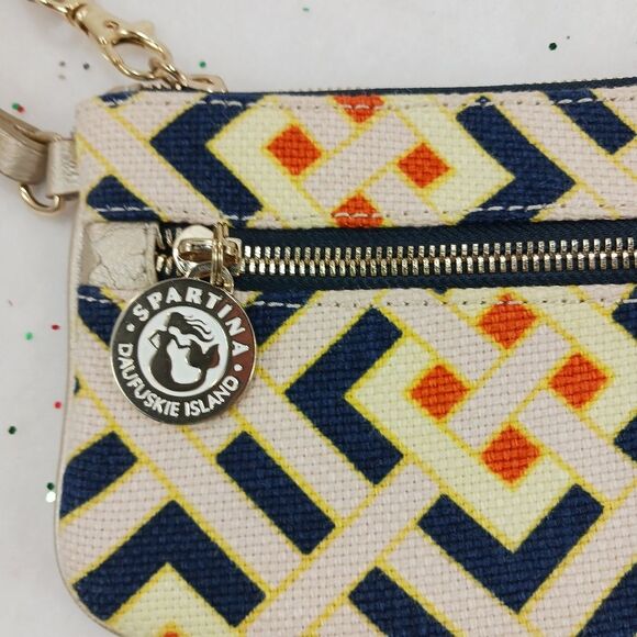 Spartina 449 Daufuskie Wristlet Wallet Linen Leather Navy Beige Geometric - Picture 5 of 12